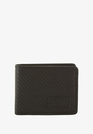 Black bi-fold wallet made of textured synthetic material, featuring a smooth outer finish and embossed logo on one side.