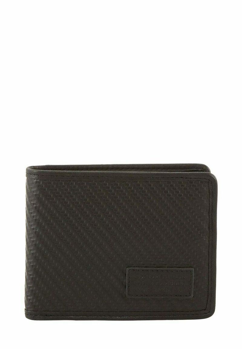 Portefeuille bifold noir en matériau synthétique texturé, présentant une finition lisse sur l'extérieur et un logo en relief sur un côté.