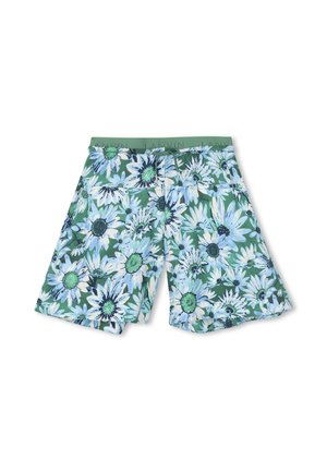 Groene zwembroek voor heren met bloemenprint, grote blauwe en witte madeliefpatronen en een tailleband met trekkoord.
