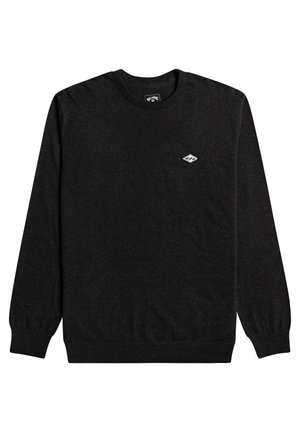 Černý svetr s kulatým výstřihem, dlouhými rukávy a žebrovanými manžetami. Na prsou malý bílý diamantový znak. Jemná textura.