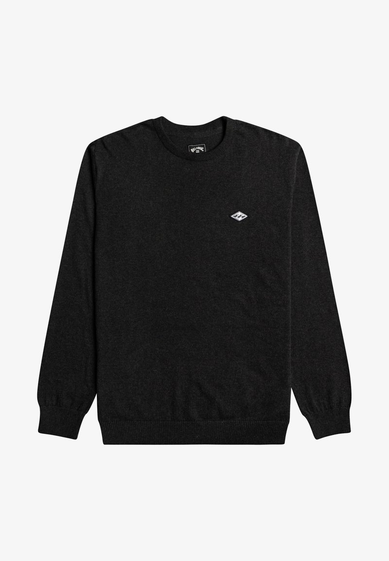 Musta neulepaita pyöreällä pääntiellä, pitkät hihat ja resorit hihansuuissa. Rinnassa pieni valkoinen timantinmuotoinen logo. Pehmeä pinta.