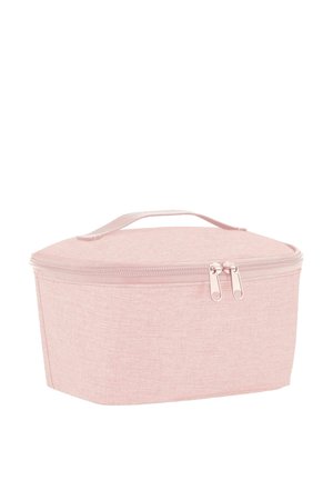 Caja de almacenamiento de tela rosa con tapa redondeada, cierre con cremallera y asa de tela. Presenta una superficie texturizada y bordes suaves.