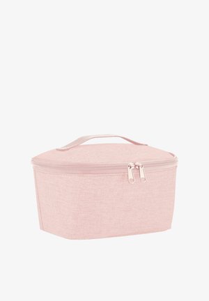 Rosafarbene Stoffaufbewahrungsbox mit abgerundetem Deckel, Reißverschluss und Stoffgriff. Verfügt über eine strukturierte Oberfläche und weiche Kanten.