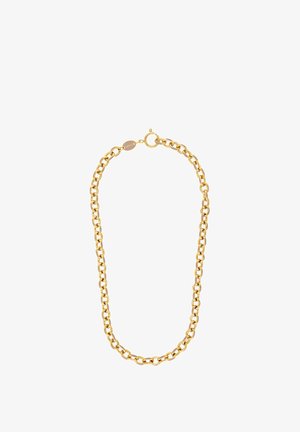 Collar de cadena de oro que presenta grandes eslabones ovalados con un acabado pulido y un cierre de clasps seguro. Diseño simple, adecuado para superponer.