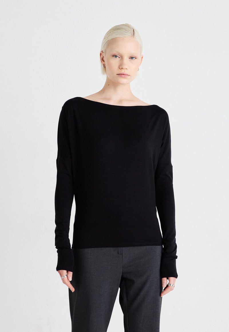 Black long-sleeve top with an off-shoulder neckline and fitted design. Material appears smooth, with extra-long sleeves and minimal detailing.