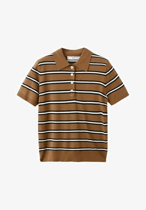 Bruin poloshirt met korte mouwen, voorzien van zwarte en witte horizontale strepen en vier witte knopen aan de voorkant.