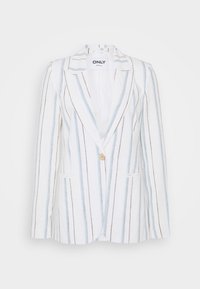Striped blazer in white, featuring blue and brown lines, single button closure, notched lapels, and two front pockets. Lightweight fabric.