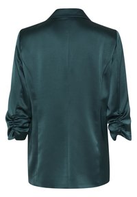 Grön satängblazer med krage och rynkade ärmar. Slät textur med skräddarsydd passform och detaljerad söm bak.