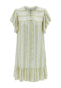 Lyhythihainen, kukkaniittikuvioinen mekko pyöreällä pääntiealla, vihreät ja valkoiset pystysuorat raidat sekä röyhelöhelma. Kevyt kangas.