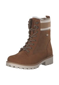 Bottines en cuir marron à lacets avec une doublure en fourrure blanche, une semelle épaisse, des accents texturés et des lacets à motifs.