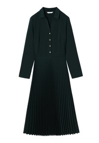 Abito verde scuro con colletto, apertura frontale con bottoni e maniche lunghe. La gonna ha un design plisettato per texture.