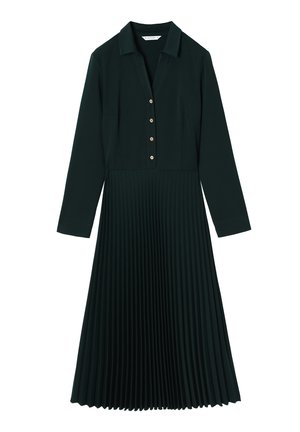 Tmavě zelené šaty s límečkem, zapínáním na knoflíky vpředu a dlouhými rukávy. Sukně má plisovaný design pro texturu.