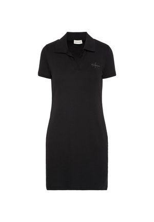 Schwarzes Polokleid mit kurzen Ärmeln, Kragen und kleinem Calvin Klein-Logo auf der linken Brust.