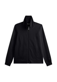 Giacca nera con zip e colletto alto, dotata di tasche laterali, fodera testurizzata e dettagli del logo in versione sottile sulle maniche. Finitura in tessuto liscio.