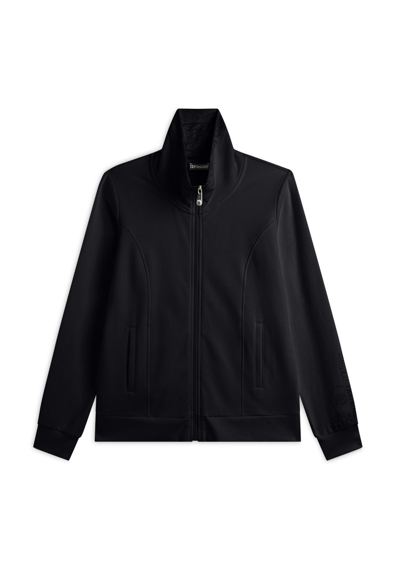 Giacca nera con zip e colletto alto, dotata di tasche laterali, fodera testurizzata e dettagli del logo in versione sottile sulle maniche. Finitura in tessuto liscio.