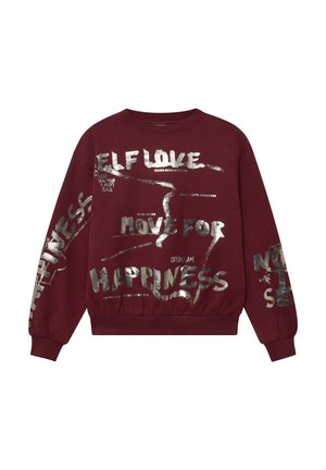 Burgunderfarbener Sweatshirt mit elastischem Saum, der silberne Textdesigns mit den Worten "SELF LOVE" und "HAPPINESS" in unterschiedlichen Schriftarten und Stilen zeigt.
