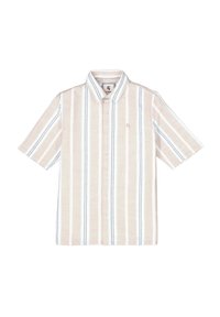 Korte mouwen overhemd met knopen in lichtbeige met verticale strepen in blauw. Beschikt over een kraag, een zak en heeft een ontspannen pasvorm.