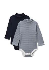 Deux bodys à manches longues : un uni bleu marine, un blanc à rayures bleu marine. Les deux comportent un col montant et des boutons-pression à l'entrejambe.