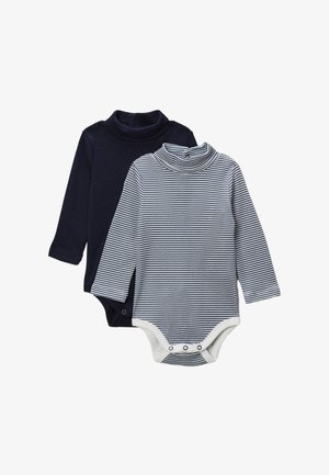Deux bodys à manches longues : un uni bleu marine, un blanc à rayures bleu marine. Les deux comportent un col montant et des boutons-pression à l'entrejambe.