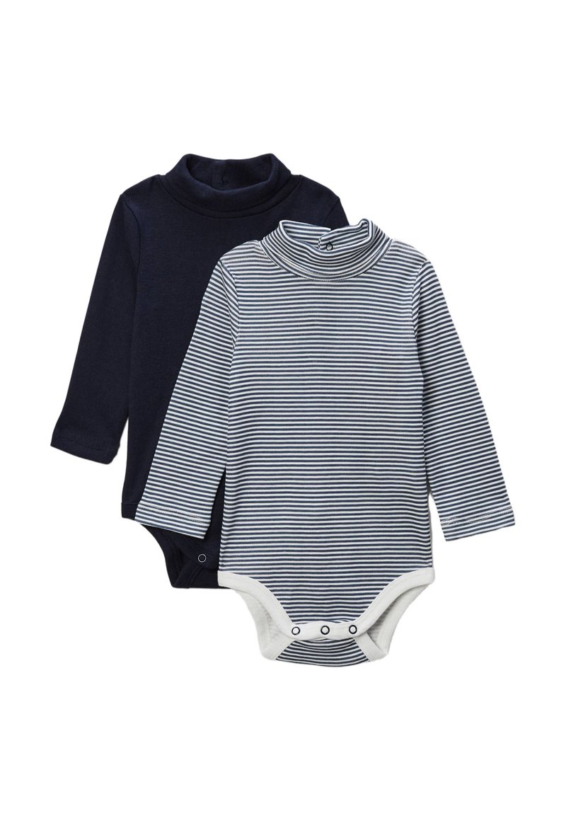 Deux bodys à manches longues : un uni bleu marine, un blanc à rayures bleu marine. Les deux comportent un col montant et des boutons-pression à l'entrejambe.