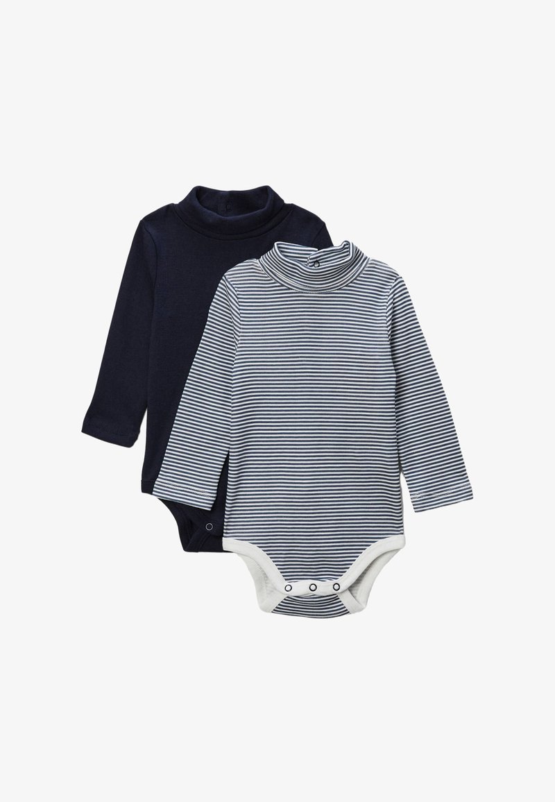Deux bodys à manches longues : un uni bleu marine, un blanc à rayures bleu marine. Les deux comportent un col montant et des boutons-pression à l'entrejambe.