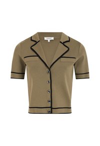 Cardigan verde oliva a maniche corte con piping nero, colletto con punte e sei bottoni neri, dotato di due tasche frontali.