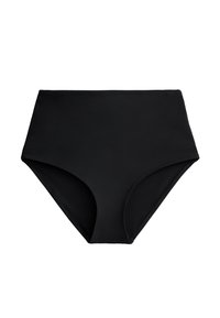 Černé bikiny s vysokým pasem vyrobené z hladkého materiálu, s bezešvým designem a čistým okrajem.