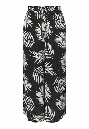 Schwarze weit geschnittene Hose aus leichtem Stoff mit einem weißen Palmenblattmuster, elastischem Bund und verstellbarem Kordelzug.