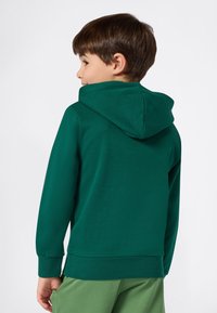 Un ragazzo giovane in profilo, indossa una felpa con cappuccio verde scuro e pantaloni verde chiaro su uno sfondo bianco semplice.
