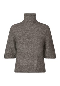 Sivi pleteni pulover s turtleneck ovratnikom in kratkimi rokavi, ki se ponaša z mehkimi vlakni in sproščenim krojem. Preprost, čist dizajn brez okraskov.