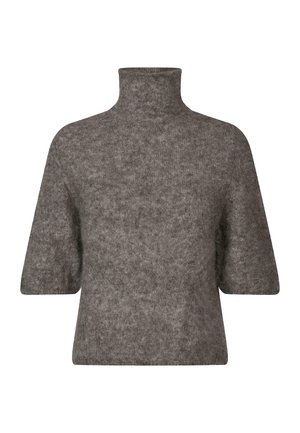Grå stickad turtleneck-tröja med korta ärmar, med en mjuk textur och avslappnad passform. Enkelt, rent design utan dekorationer.