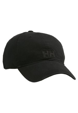 Black baseball cap made of cotton, featuring an embroidered logo in a similar color, curved brim, and adjustable strap at the back.
