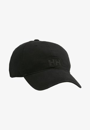 Black baseball cap made of cotton, featuring an embroidered logo in a similar color, curved brim, and adjustable strap at the back.