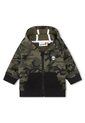 Bluza z kapturem na zamek dla małego dziecka z motywem kamuflażu, czarnymi przednimi kieszeniami, prążkowanymi mankietami, kapturem i logo Timberland na piersi.