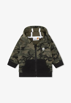 Børns hættetrøje med camouflage-mønster, lynlås, sorte forlommer, ribkanter, hætte og Timberland-logo på brystet.