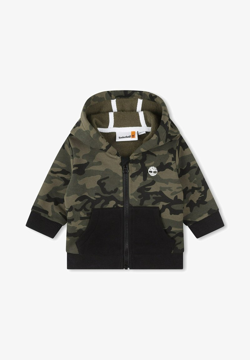 Sweat à capuche zippé pour tout-petit à motif camouflage, poches avant noires, poignets côtelés, capuche et logo Timberland sur la poitrine.