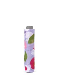 Compact umbrella with a lavender fabric cover featuring colorful floral patterns, light green leaves, and a grey handle.