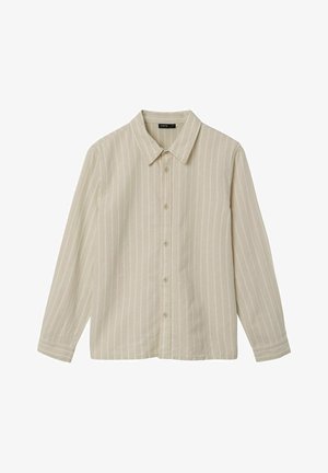 Beige langærmet skjorte med knapper og hvide lodrette striber samt en spidse krave.