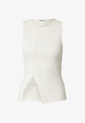 Witte geribde mouwloze top met ronde hals en asymmetrische knoopsluiting aan de voorkant links, eindigend in een kleine split.