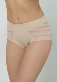 Beige high-waisted underwear with a smooth fabric, featuring sheer horizontal stripe accents on the sides for added design detail.