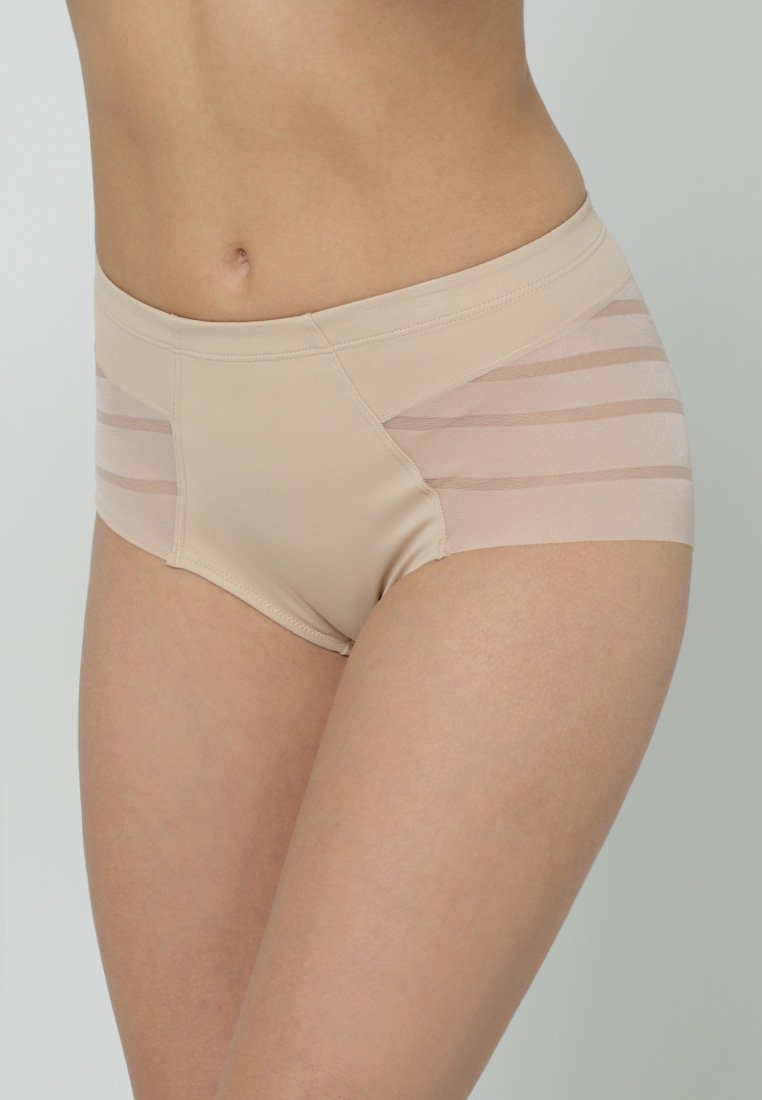 Beige high-waisted underwear with a smooth fabric, featuring sheer horizontal stripe accents on the sides for added design detail.