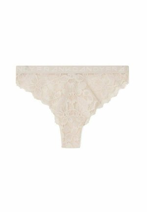 Spitzen-Tanga mit floralem Muster in zartem Beige, ausgestattet mit einem markierten Bund. Das Design betont Eleganz und feminine Details.
