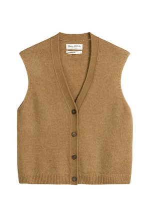 Sleeveless camel brown knit wool cardigan vest with V-neck and four dark buttons down the front.