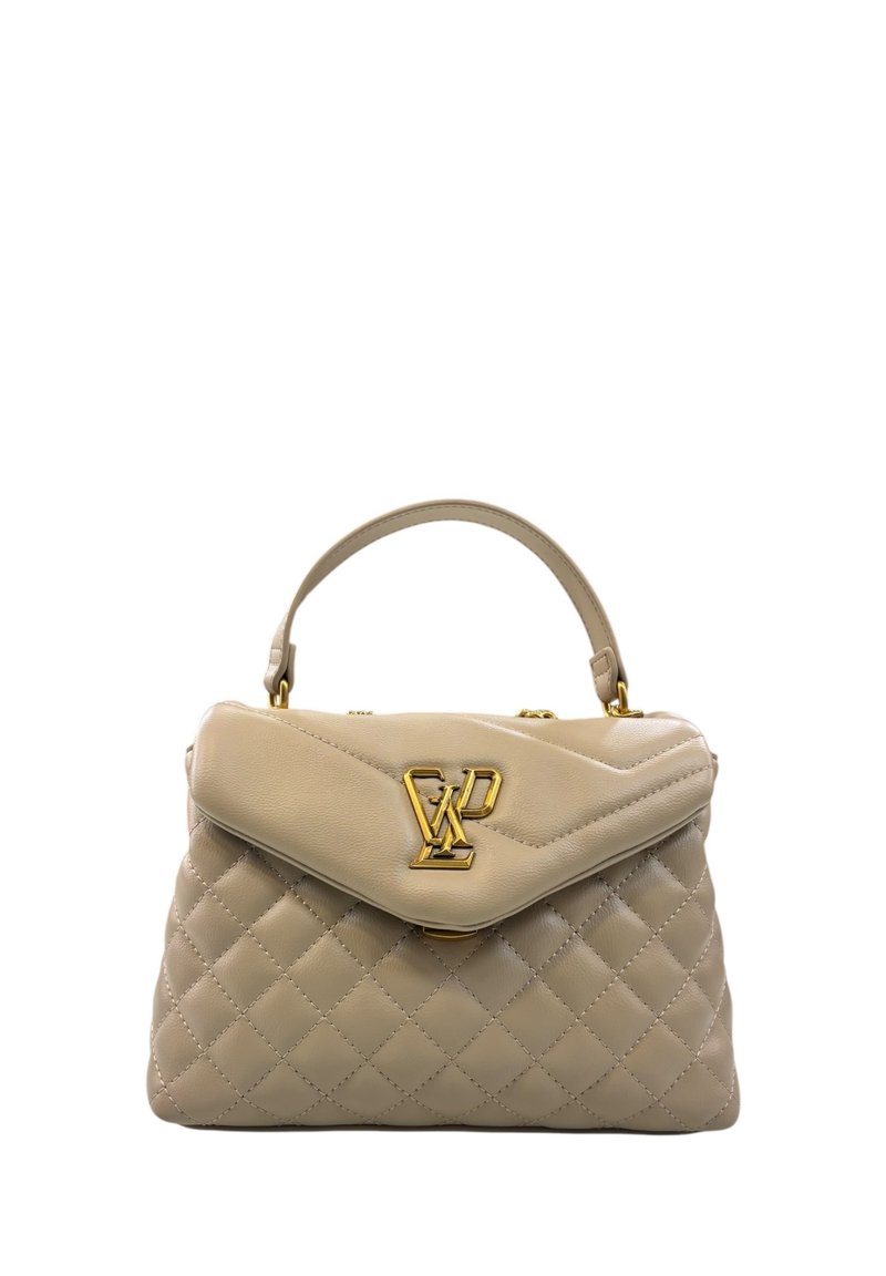 Borsa a tracolla in pelle trapuntata beige con chiusura a pattina, logo LV dorato e manico superiore per il trasporto.