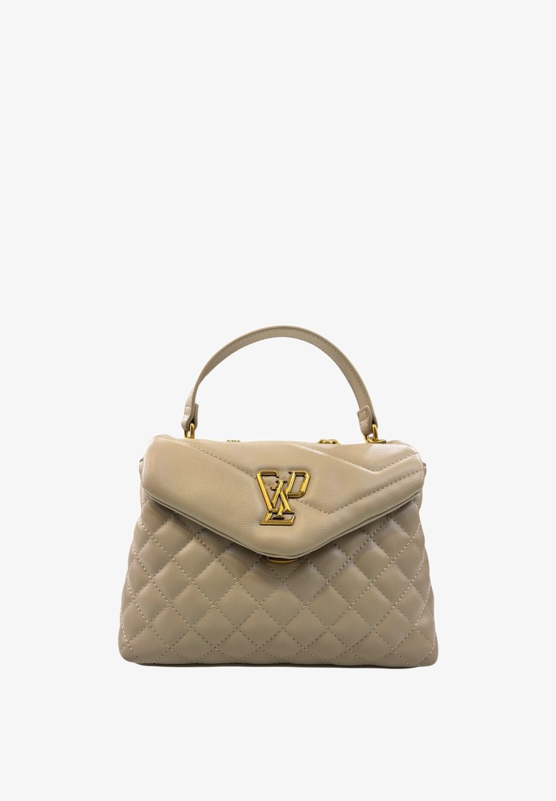 Borsa a tracolla in pelle trapuntata beige con chiusura a pattina, logo LV dorato e manico superiore per il trasporto.