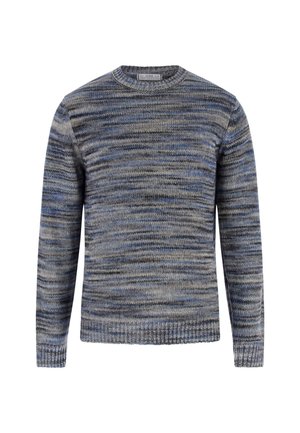 Gestrickter Pullover in Grautönen mit blauen Akzenten. Verfügt über einen Rundhalsausschnitt, lange Ärmel und gerippte Saumdetails. Weiche Textur.