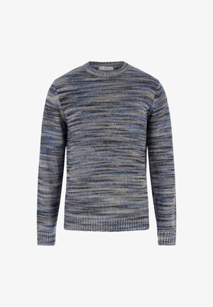 Gestrickter Pullover in Grautönen mit blauen Akzenten. Verfügt über einen Rundhalsausschnitt, lange Ärmel und gerippte Saumdetails. Weiche Textur.