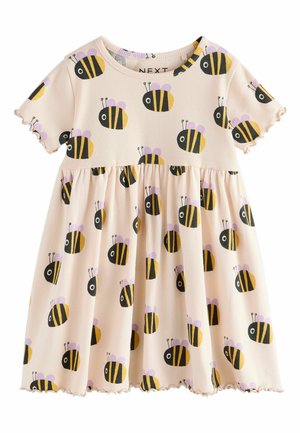 Cremfarbenes Kurzarm-Kleid für Kleinkinder mit geraffter Taille, verziert mit wiederholten Illustrationen lächelnder Bienen in Schwarz, Gelb und Lila.