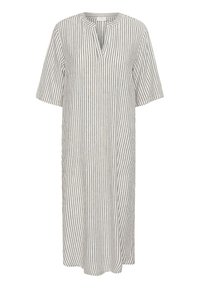 Robe mi-longue à rayures en tissu léger. Elle présente un décolleté en V, des manches courtes, des fentes latérales et des rayures horizontales gris et blanc.