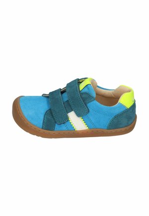 Blue children's sneaker with double dark teal velcro straps, white and yellow side stripe, neon yellow heel tab, and brown rubber sole.
